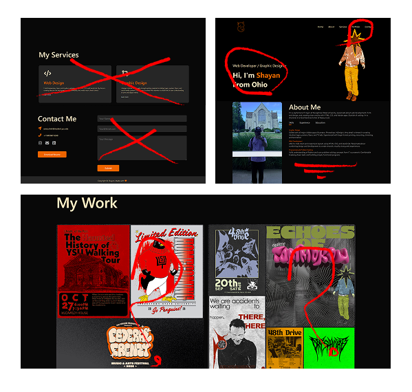 Screenshots of my old portfolio layout with annotations
