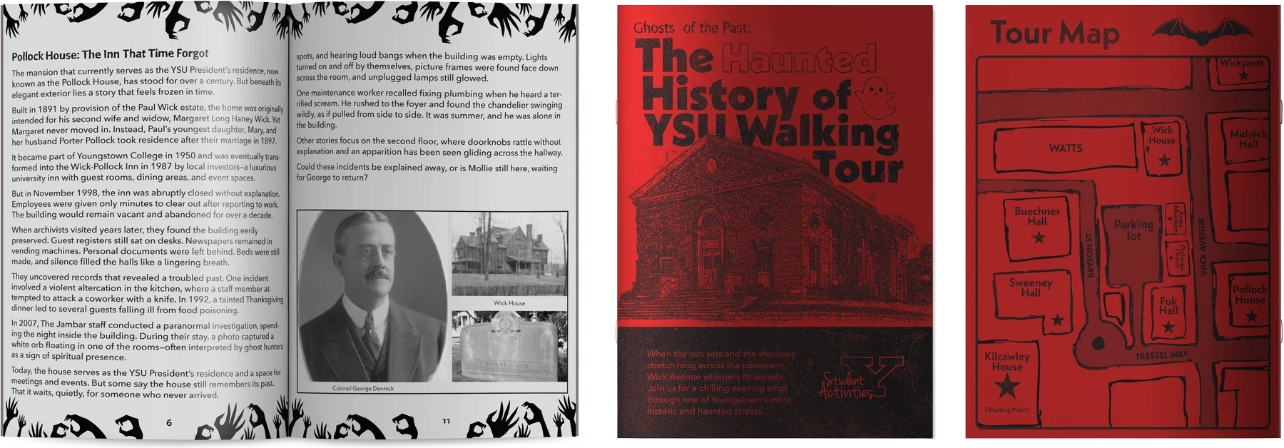 The finished set: the booklet open to the Pollock House story, beside the tour cover and the tour map