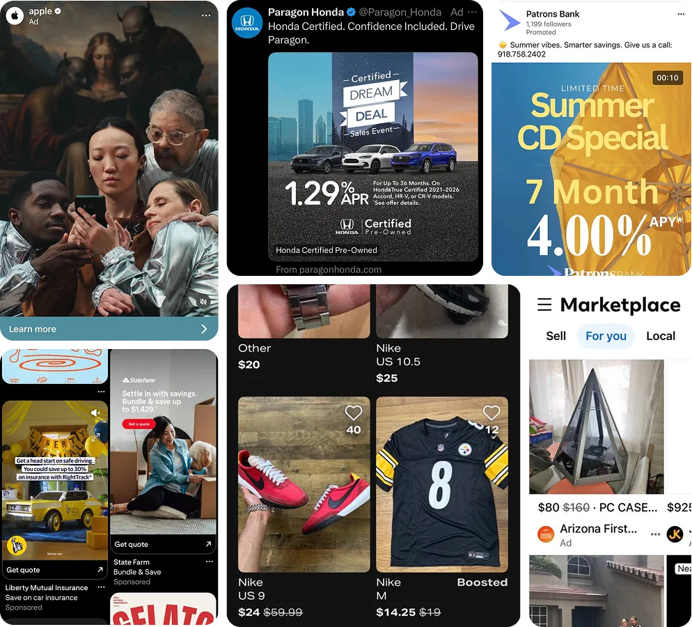 Screens from Instagram, Facebook Marketplace and other feeds, collected for comparison