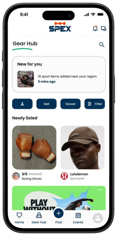 Spex Gear Hub with a banner ad above the listings