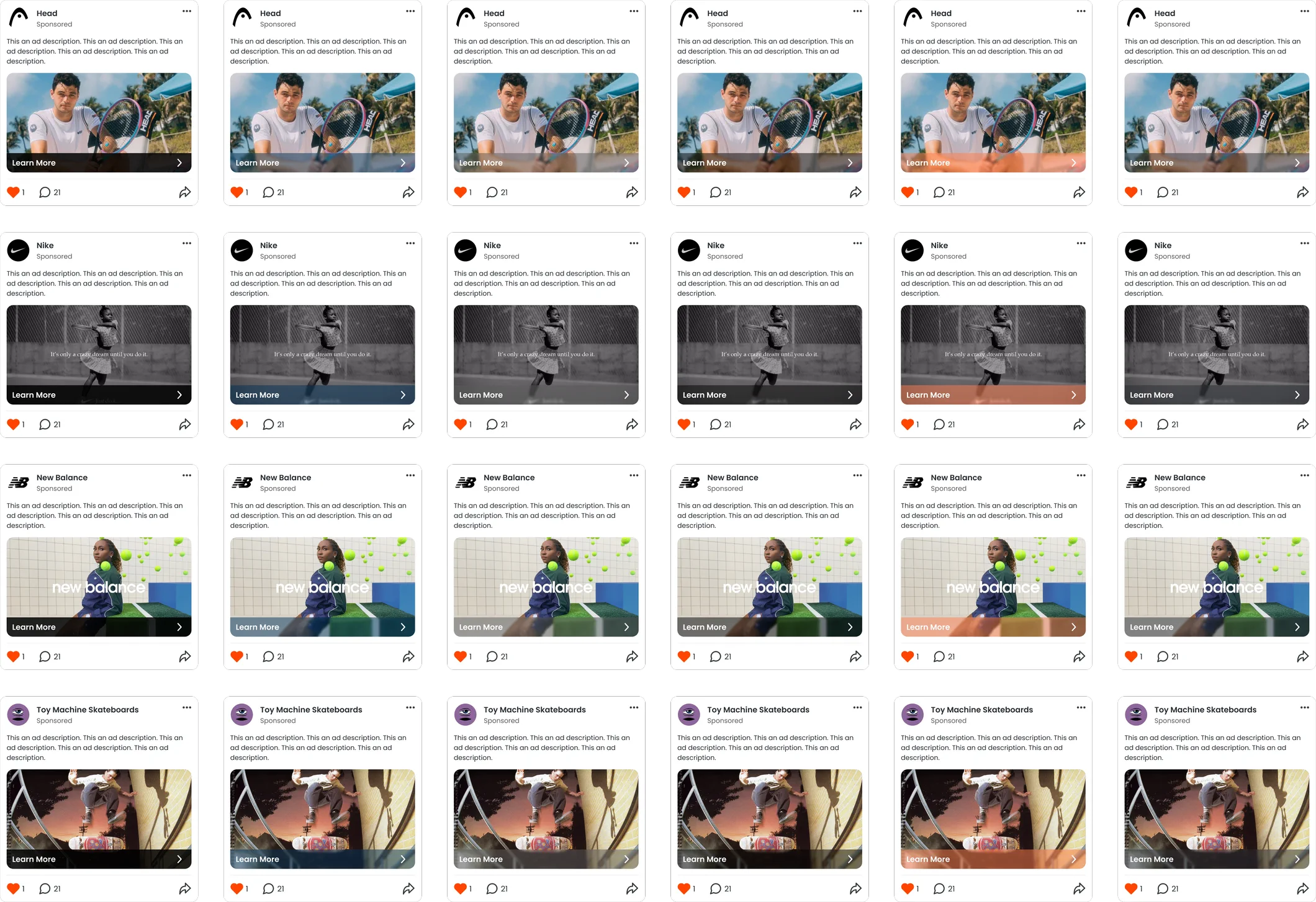 A Figma board of two dozen ad card variations laid out in a grid
