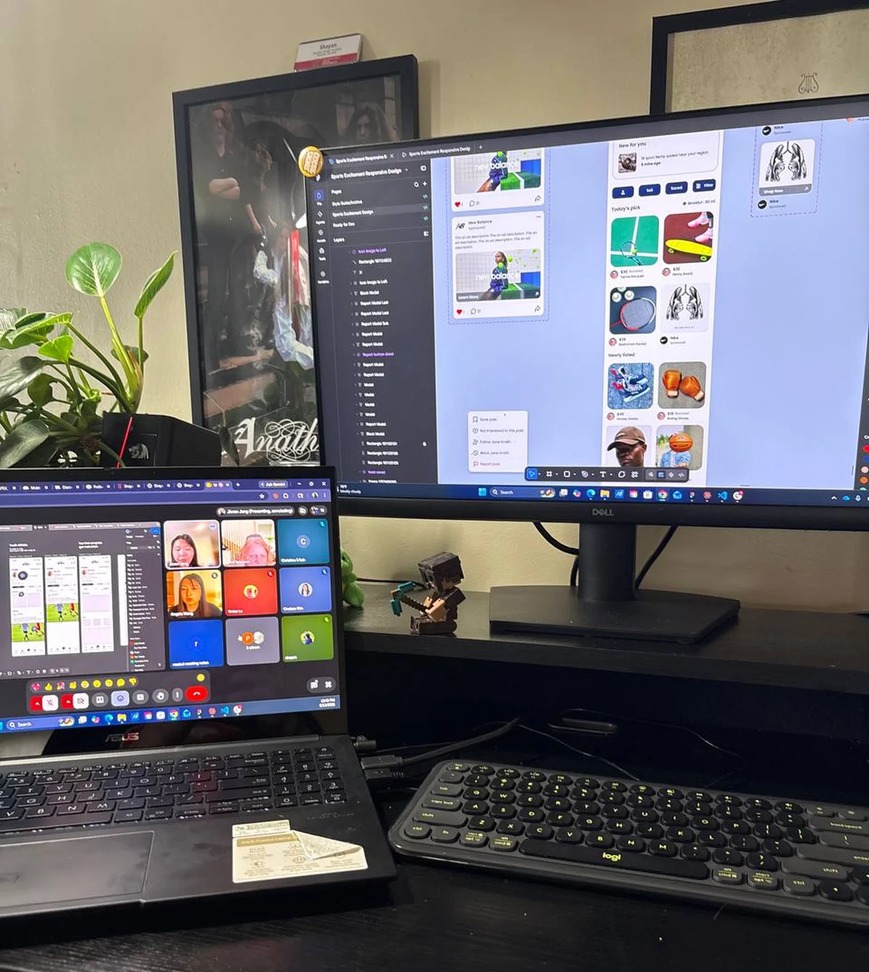 A desk with the Spex design files open across two screens during a team sync